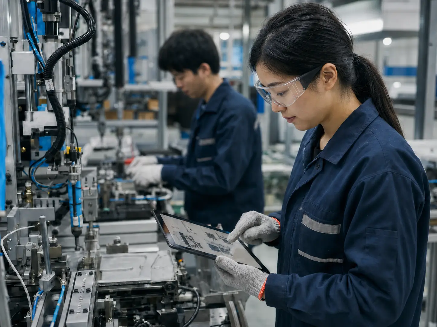 女性工程师使用 TESUP 执行工业现场装配任务